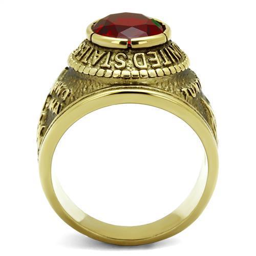 TK414703G IP Gold Stainless Steel Ring featuring a vibrant Siam synthetic glass center stone, showcasing elegance and durability.