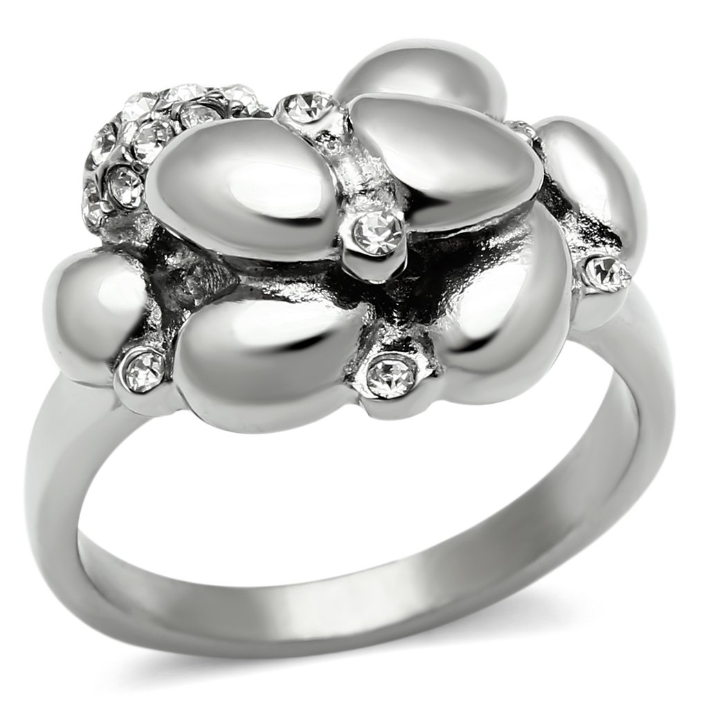 TK476 High Polished Stainless Steel Ring with Top Grade Clear Crystal centerpiece, showcasing its elegant design and shiny finish.