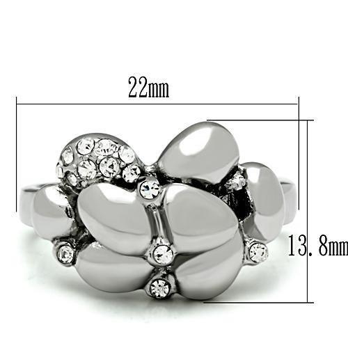 TK476 High Polished Stainless Steel Ring with Top Grade Clear Crystal centerpiece, showcasing its elegant design and shiny finish.