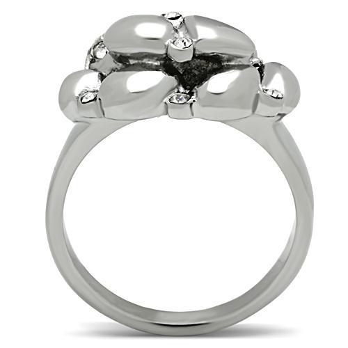 TK476 High Polished Stainless Steel Ring with Top Grade Clear Crystal centerpiece, showcasing its elegant design and shiny finish.