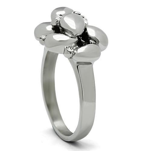TK476 High Polished Stainless Steel Ring with Top Grade Clear Crystal centerpiece, showcasing its elegant design and shiny finish.