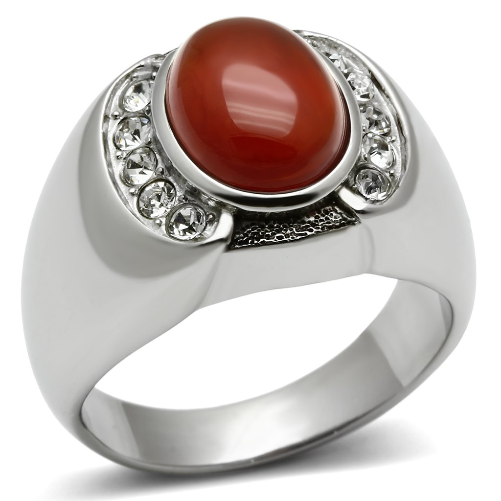 TK499 High Polished Stainless Steel Ring featuring a Siam Onyx center stone, showcasing a sleek and shiny finish.