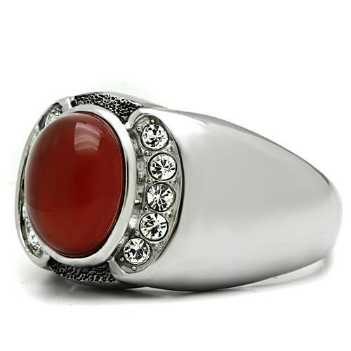 TK499 High Polished Stainless Steel Ring featuring a Siam Onyx center stone, showcasing a sleek and shiny finish.