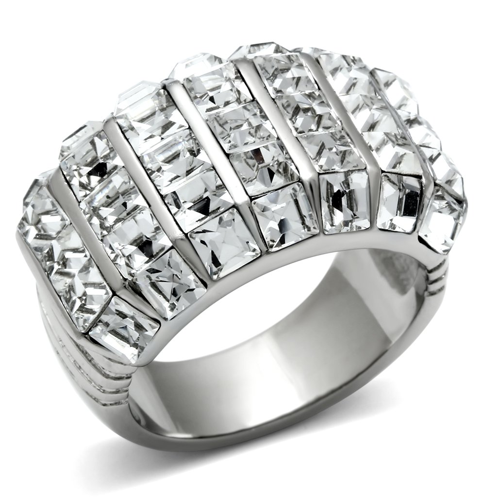 TK490 High Polished Stainless Steel Ring featuring a clear top grade crystal, showcasing its elegant design and shiny finish.