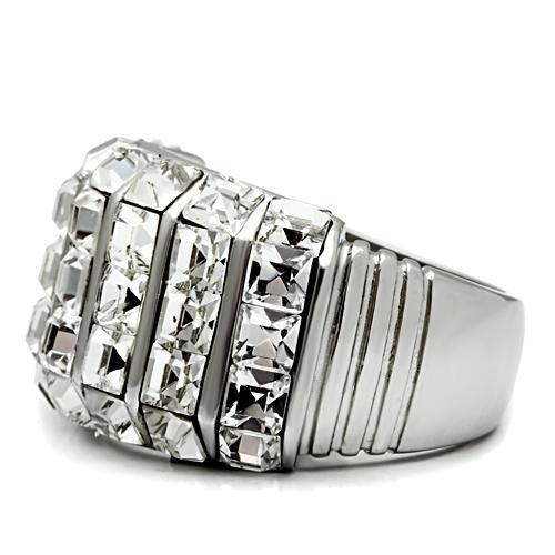 TK490 High Polished Stainless Steel Ring featuring a clear top grade crystal, showcasing its elegant design and shiny finish.