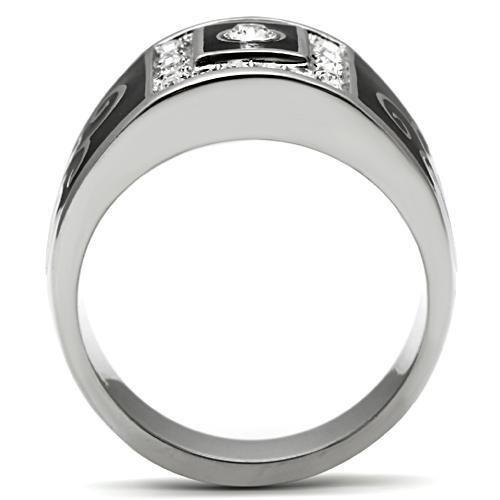 TK492 High Polished Stainless Steel Ring featuring a clear top grade crystal centerpiece, showcasing its elegant design and shiny finish.