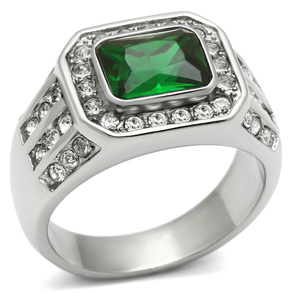 TK495 High Polished Stainless Steel Ring featuring a vibrant synthetic emerald stone, showcasing its elegant design and shiny finish.