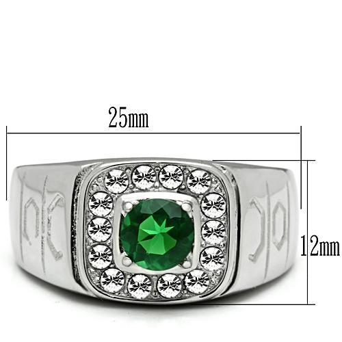 TK496 High Polished Stainless Steel Ring featuring a vibrant synthetic emerald glass center stone, showcasing a sleek and modern design.