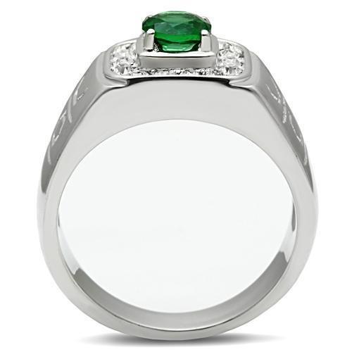 TK496 High Polished Stainless Steel Ring featuring a vibrant synthetic emerald glass center stone, showcasing a sleek and modern design.