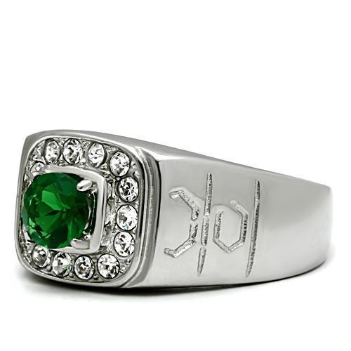TK496 High Polished Stainless Steel Ring featuring a vibrant synthetic emerald glass center stone, showcasing a sleek and modern design.