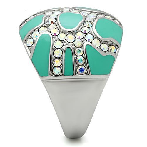 TK507 High Polished Stainless Steel Ring featuring a Top Grade Aurora Borealis Crystal, showcasing a brilliant shine and elegant design.