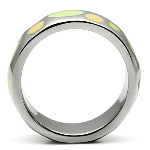 TK513 High Polished Stainless Steel Ring featuring a vibrant multi-color epoxy center stone, showcasing its elegant design and polished finish.
