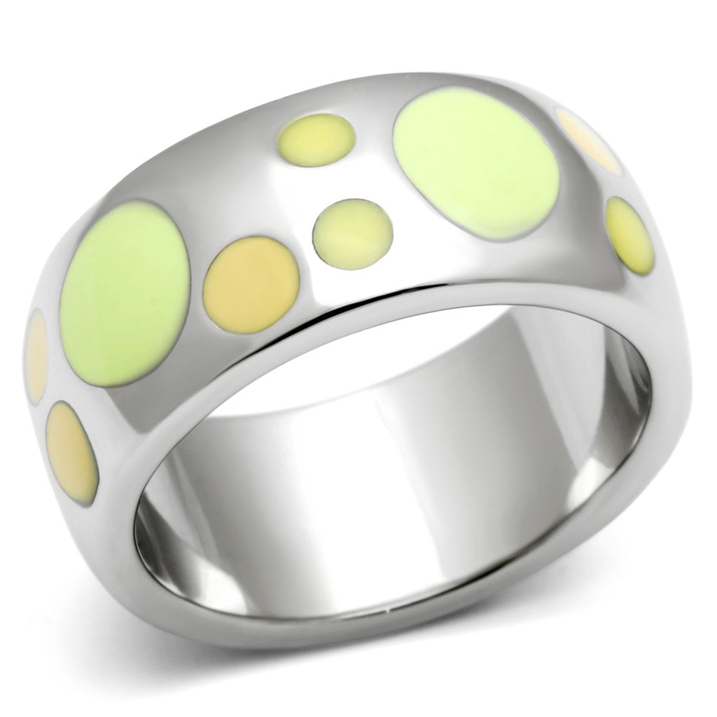 TK513 High Polished Stainless Steel Ring featuring a vibrant multi-color epoxy center stone, showcasing its elegant design and polished finish.