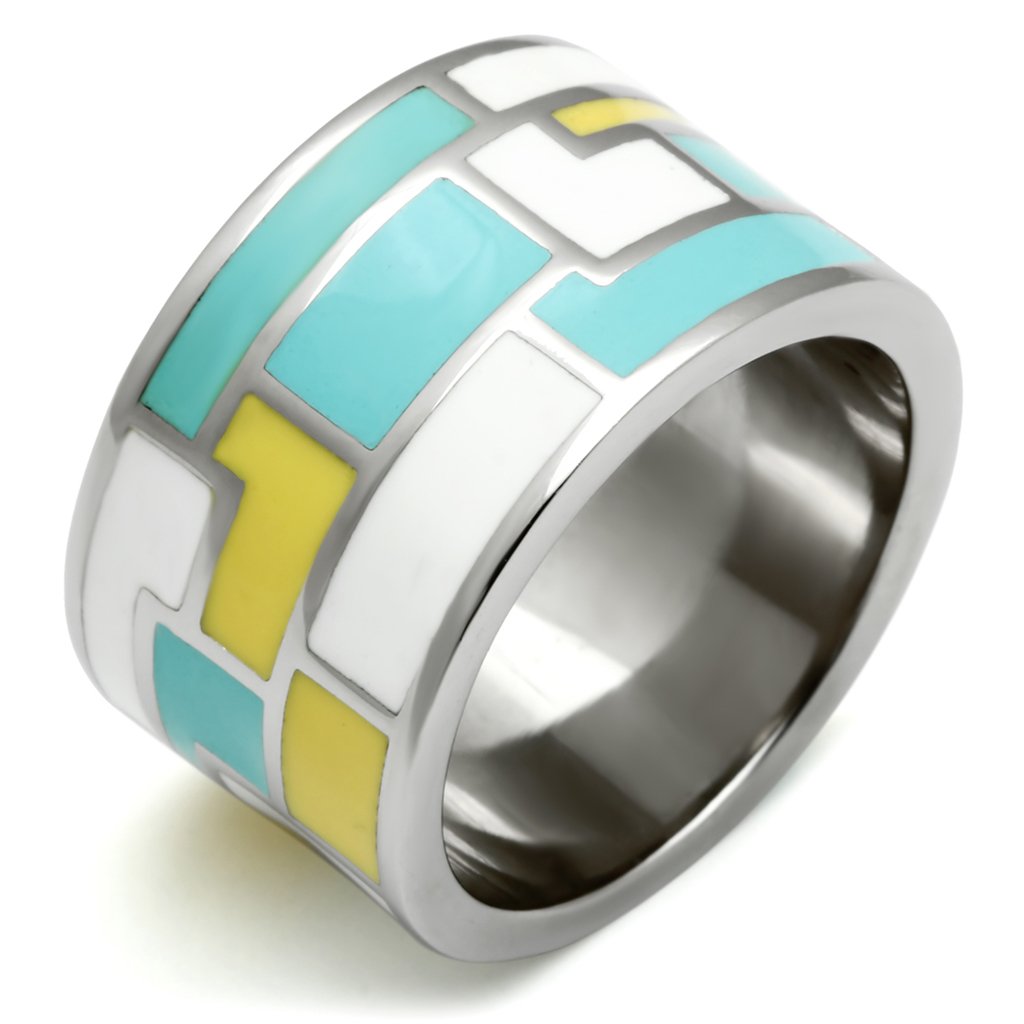 TK514 High Polished Stainless Steel Ring featuring a vibrant multi-color epoxy center stone, showcasing its elegant design and polished finish.