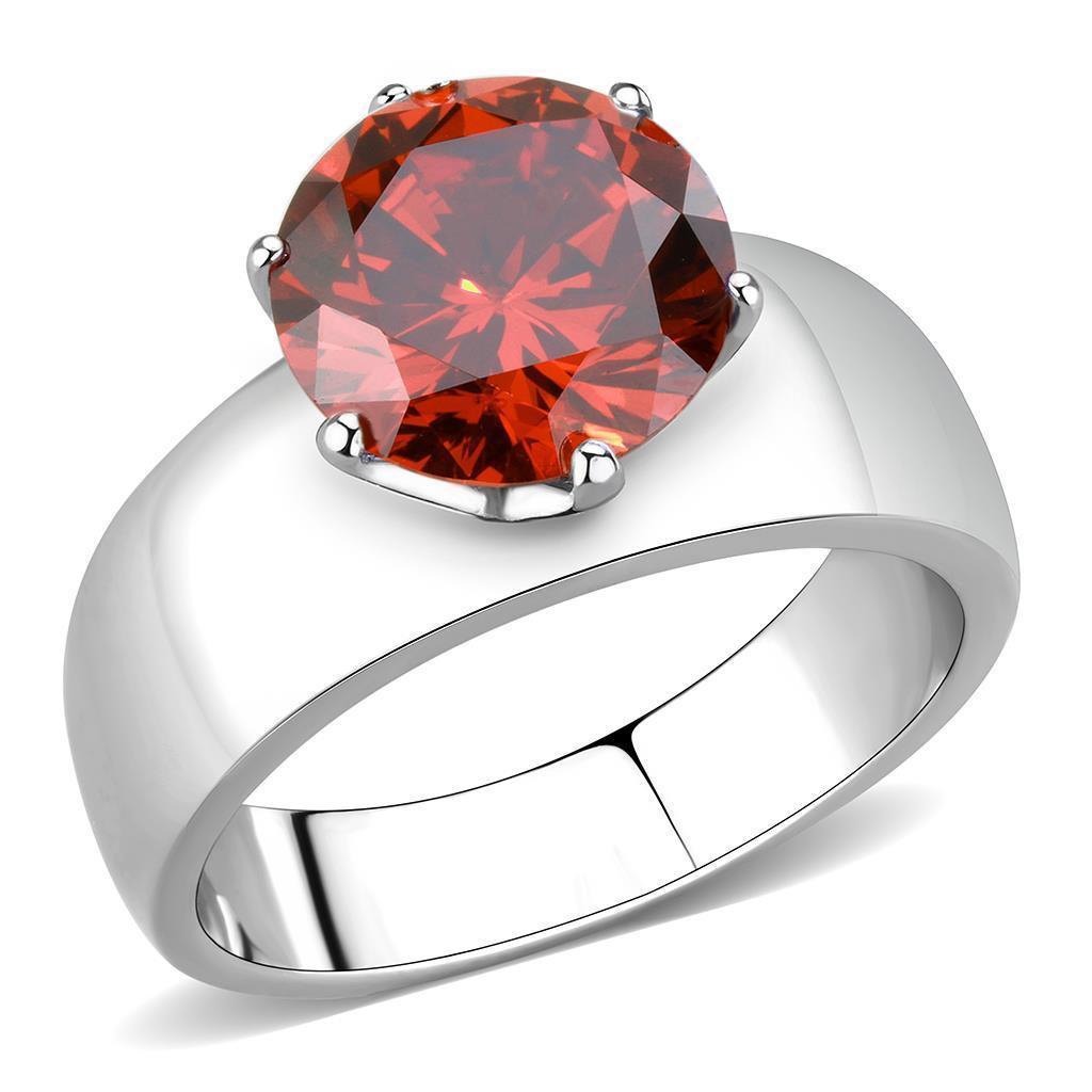 High polished stainless steel ring featuring an AAA grade garnet CZ stone, showcasing a brilliant shine and elegant design.