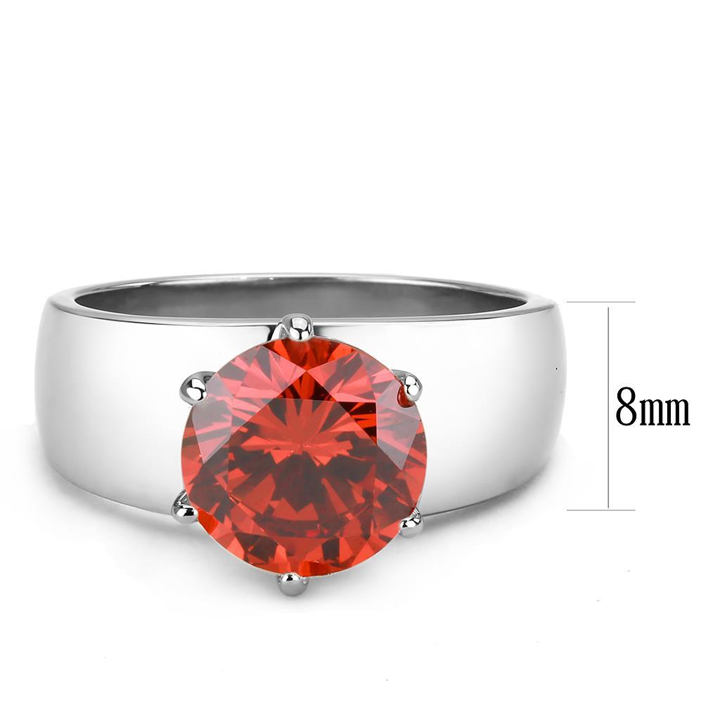 High polished stainless steel ring featuring an AAA grade garnet CZ stone, showcasing a brilliant shine and elegant design.