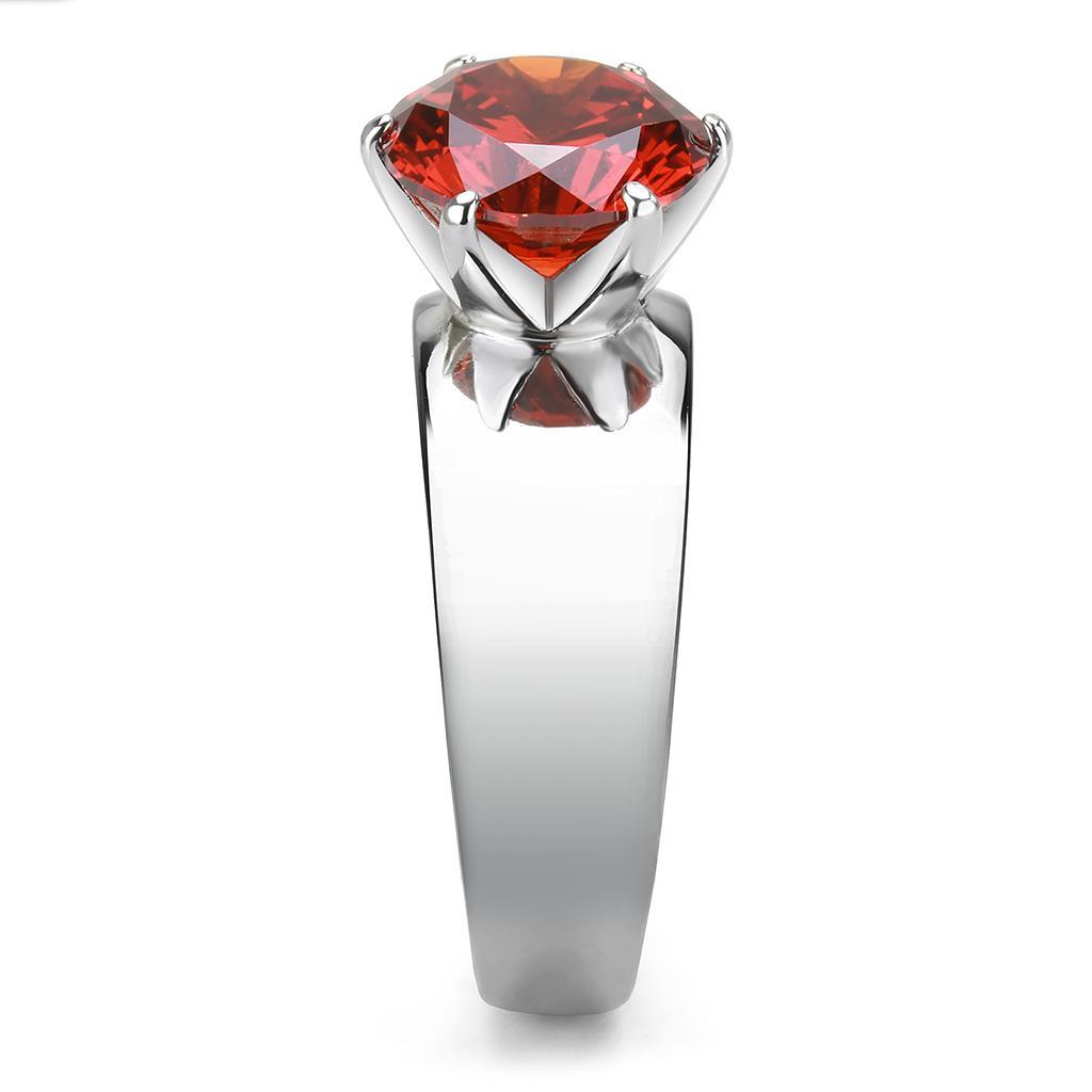 High polished stainless steel ring featuring an AAA grade garnet CZ stone, showcasing a brilliant shine and elegant design.