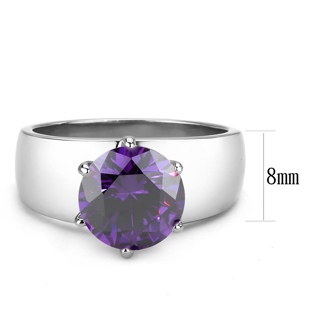 High polished stainless steel ring featuring a AAA grade Amethyst cubic zirconia stone, showcasing a sleek and elegant design.