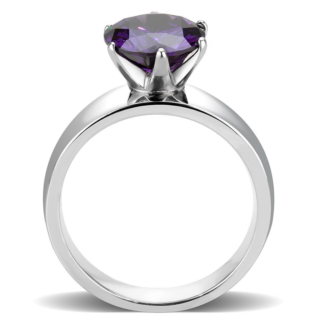 High polished stainless steel ring featuring a AAA grade Amethyst cubic zirconia stone, showcasing a sleek and elegant design.