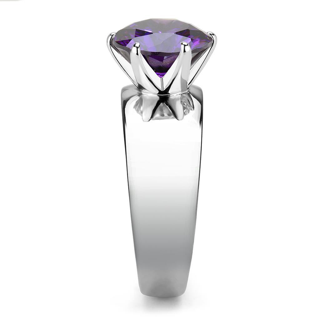 High polished stainless steel ring featuring a AAA grade Amethyst cubic zirconia stone, showcasing a sleek and elegant design.