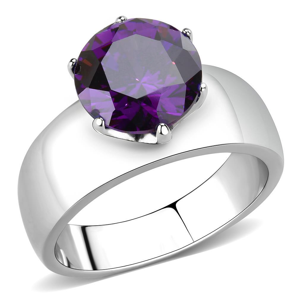 High polished stainless steel ring featuring a AAA grade Amethyst cubic zirconia stone, showcasing a sleek and elegant design.