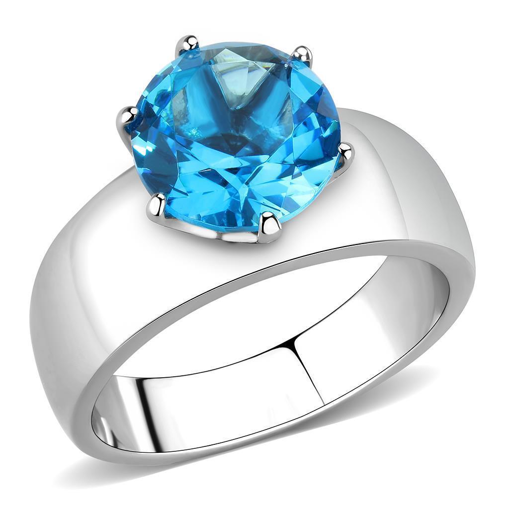 TK52003 High Polished Stainless Steel Ring featuring a sea blue synthetic glass stone, showcasing a sleek and modern design.
