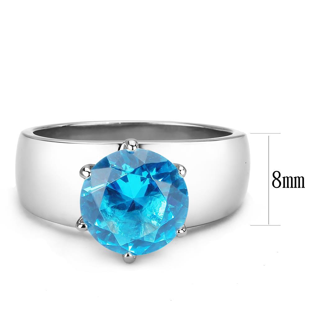 TK52003 High Polished Stainless Steel Ring featuring a sea blue synthetic glass stone, showcasing a sleek and modern design.
