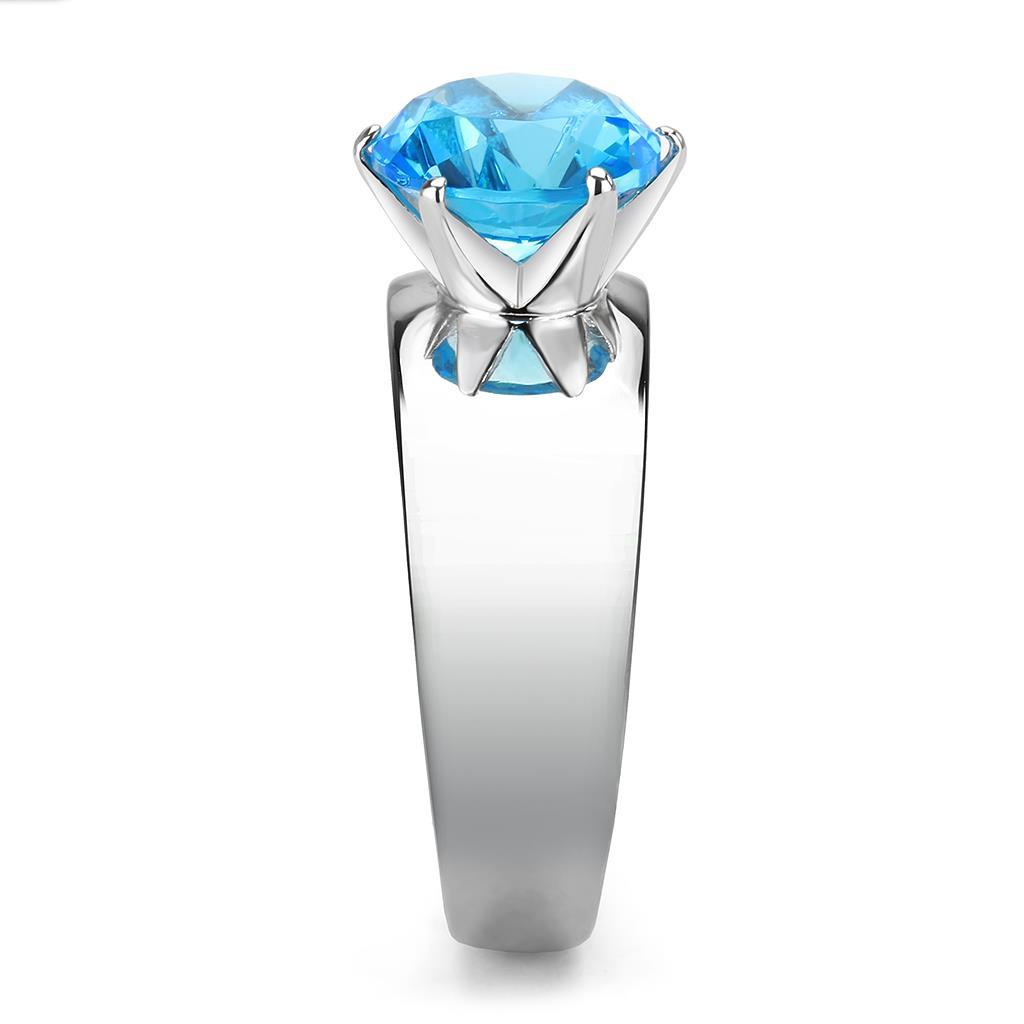TK52003 High Polished Stainless Steel Ring featuring a sea blue synthetic glass stone, showcasing a sleek and modern design.