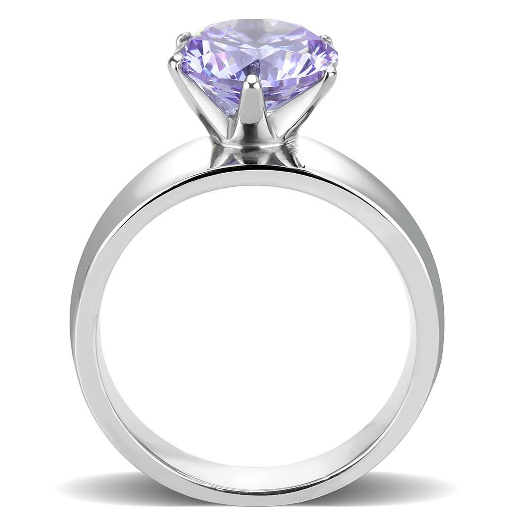 High polished stainless steel ring featuring AAA Grade light amethyst CZ stone, showcasing a sleek and elegant design.