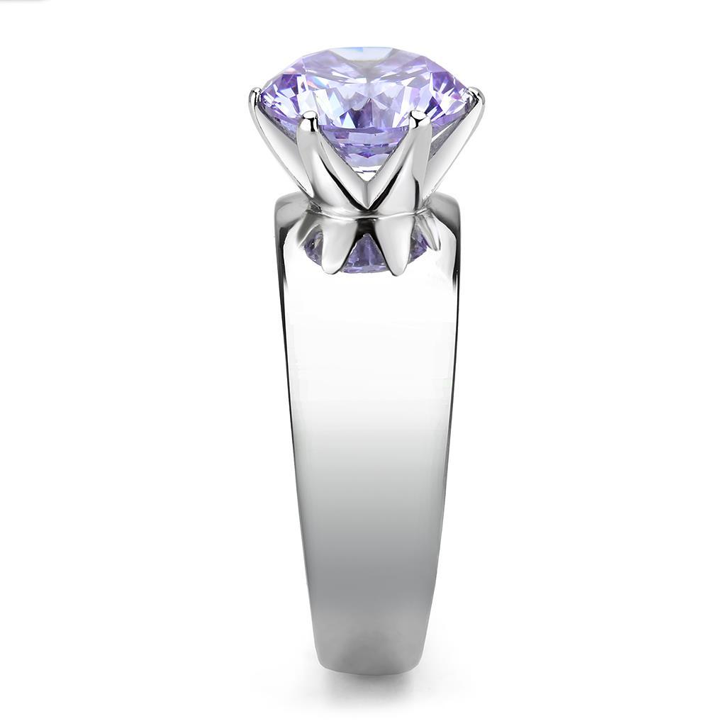 High polished stainless steel ring featuring AAA Grade light amethyst CZ stone, showcasing a sleek and elegant design.
