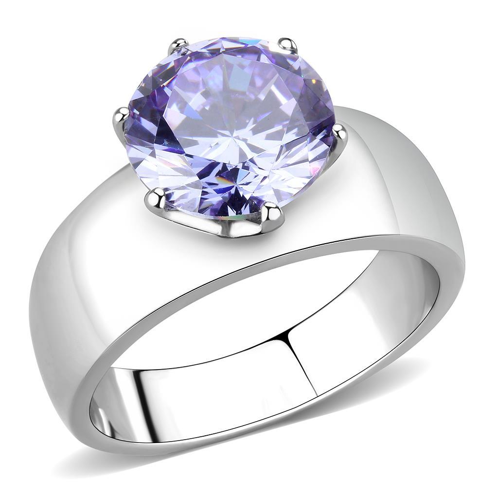 High polished stainless steel ring featuring AAA Grade light amethyst CZ stone, showcasing a sleek and elegant design.