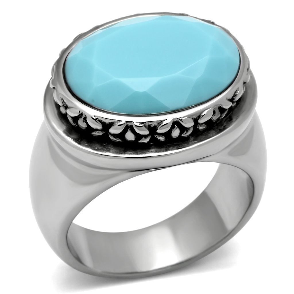 TK525 High Polished Stainless Steel Ring featuring a synthetic sea blue glass center stone, showcasing its elegant design and shine.