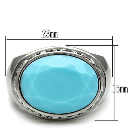 TK525 High Polished Stainless Steel Ring featuring a synthetic sea blue glass center stone, showcasing its elegant design and shine.