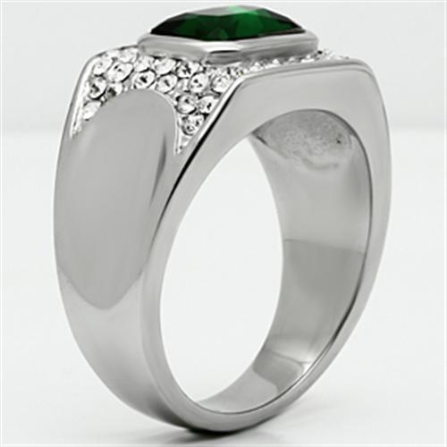 TK590 High Polished Stainless Steel Ring featuring a synthetic emerald center stone, showcasing a sleek and modern design.