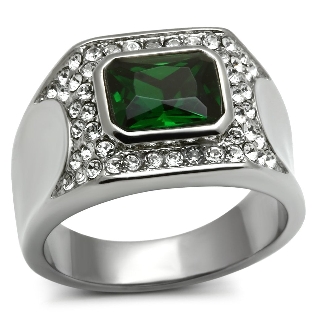 TK590 High Polished Stainless Steel Ring featuring a synthetic emerald center stone, showcasing a sleek and modern design.