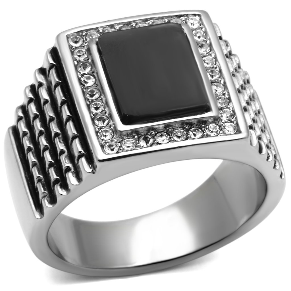 TK592 High Polished Stainless Steel Ring featuring a jet synthetic stone, showcasing its elegant design and shiny finish.