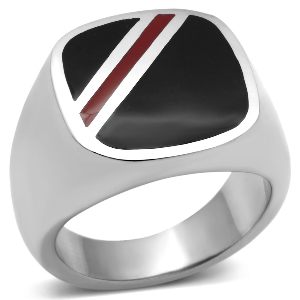 TK602 High Polished Stainless Steel Ring featuring a vibrant multi-color epoxy center stone, showcasing its elegant design and polished finish.