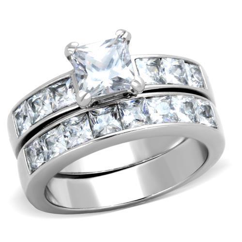 TK61206 High Polished Stainless Steel Ring featuring a clear AAA grade cubic zirconia center stone, showcasing a sleek and modern design.