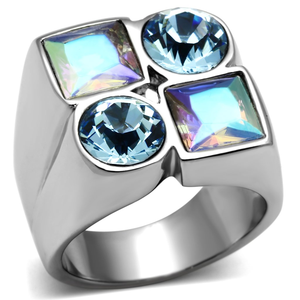 TK645 High Polished Stainless Steel Ring featuring a multi-color top grade crystal, showcasing its elegant design and shine.