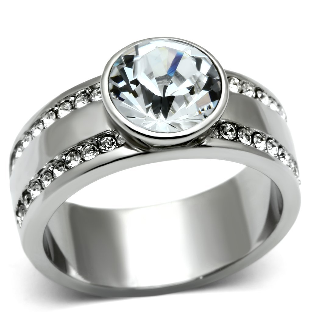 TK646 High Polished Stainless Steel Ring featuring a clear top grade crystal centerpiece, showcasing a sleek and elegant design.