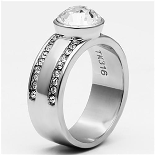 TK646 High Polished Stainless Steel Ring featuring a clear top grade crystal centerpiece, showcasing a sleek and elegant design.