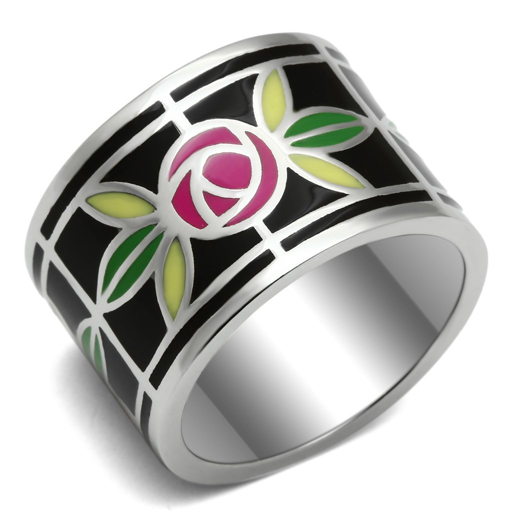 TK683 High Polished Stainless Steel Ring featuring a vibrant multi-color epoxy stone, showcasing its elegant design and polished finish.