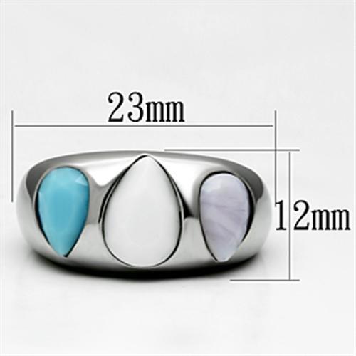 TK690 High Polished Stainless Steel Ring featuring a multi-color synthetic glass centerpiece, showcasing its elegant design and shiny finish.