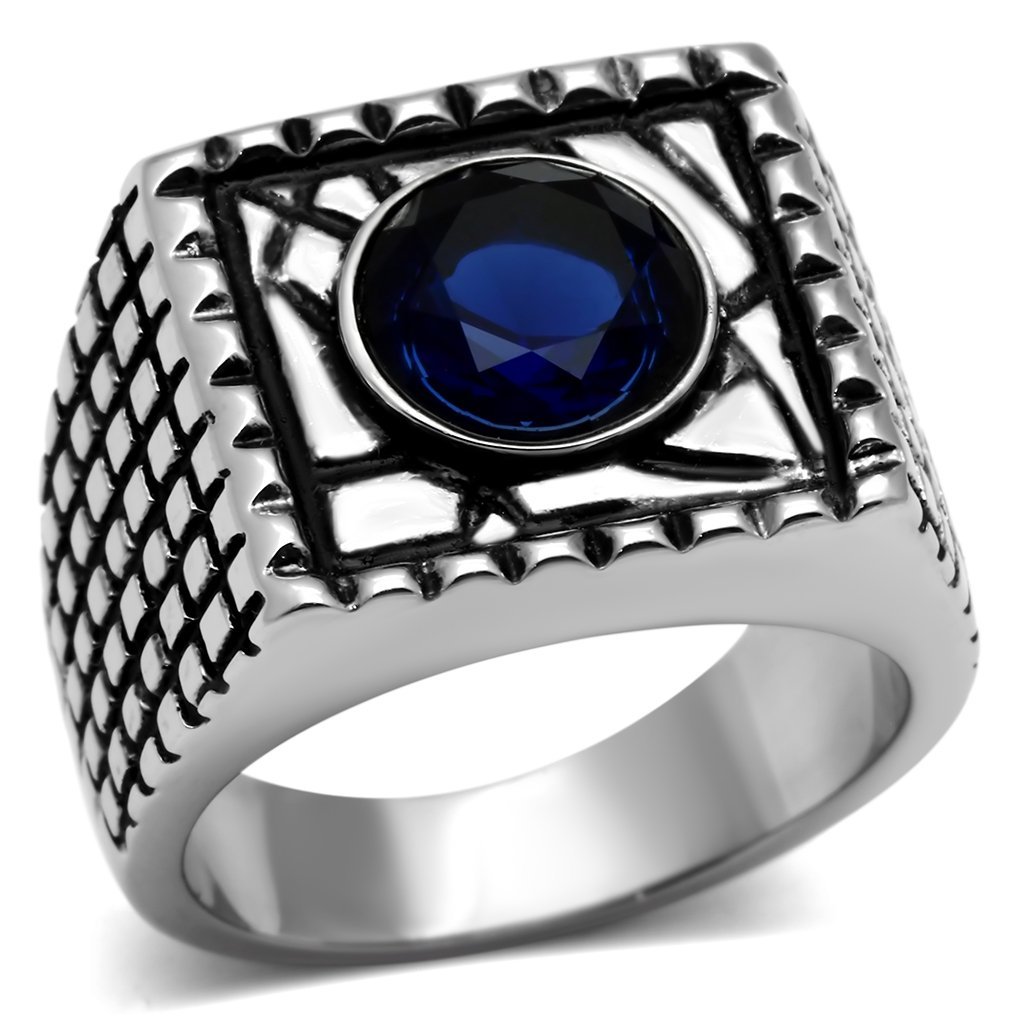 TK698 High Polished Stainless Steel Ring featuring a Montana colored synthetic glass center stone, showcasing its elegant design and shine.