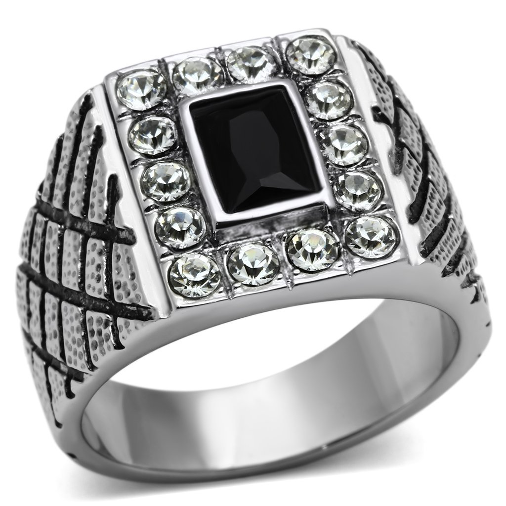 TK700 High Polished Stainless Steel Ring featuring a synthetic glass center stone in jet color, showcasing its elegant design.
