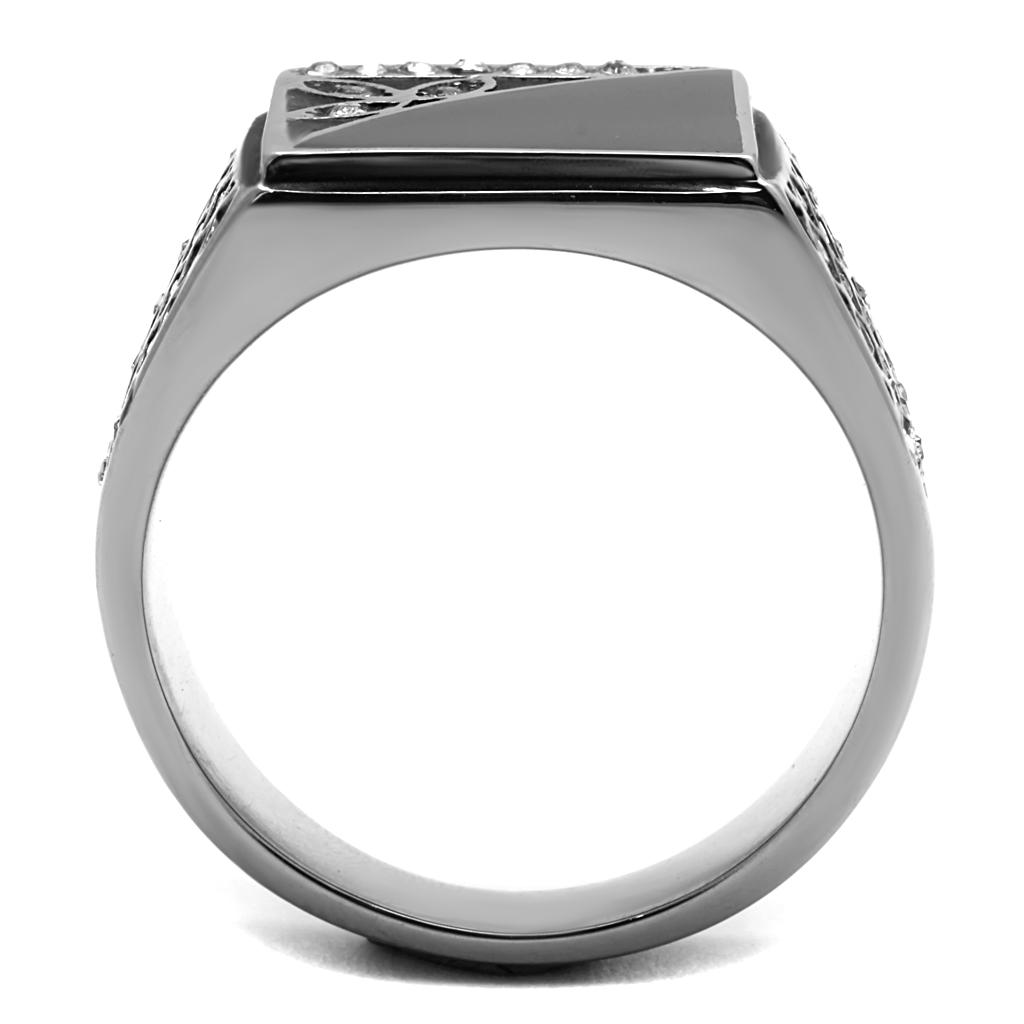 TK711 High Polished Stainless Steel Ring featuring a clear top grade crystal centerpiece, showcasing a sleek and modern design.