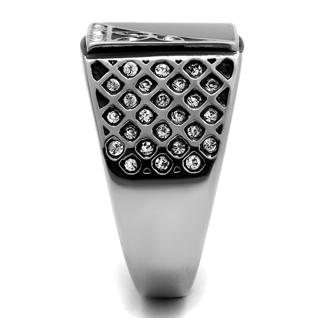 TK711 High Polished Stainless Steel Ring featuring a clear top grade crystal centerpiece, showcasing a sleek and modern design.