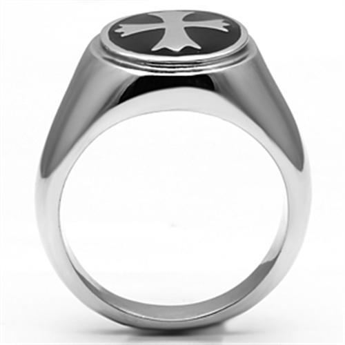 TK714 High Polished Stainless Steel Ring featuring a Jet Epoxy center stone, showcasing a sleek and modern design.