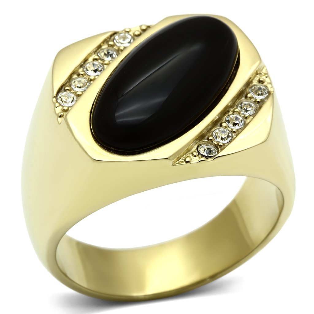 TK716 IP Gold Stainless Steel Ring featuring a jet black onyx stone, showcasing its elegant design and luxurious finish.