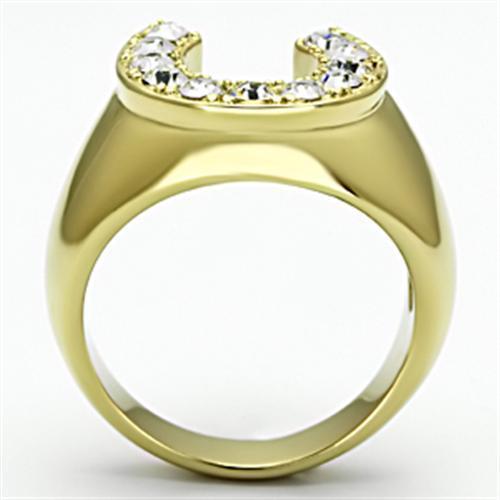 TK717 IP Gold Stainless Steel Ring featuring a clear top-grade crystal center stone, showcasing a luxurious and elegant design.